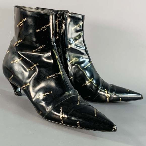 BALENCIAGA Black Gold Logo Patent Leather Ankle Kitten Heel Boots - Picture 1 of 9